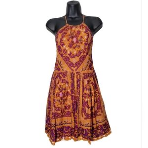 Ecote Medallion Halter Mini Dress Orange Purple 100% Cotton Flowy Size 0